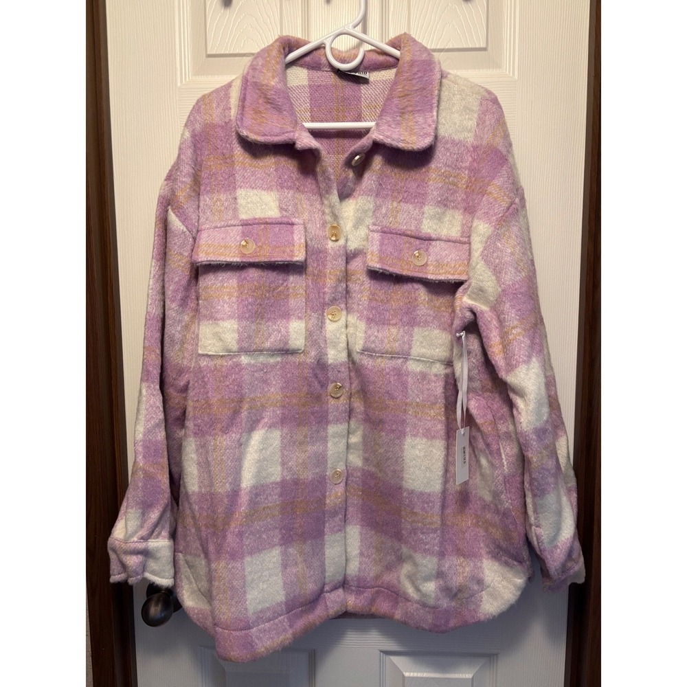 Katydid Purple Plaid Flannel Shacket XXL Oversized Button Front Shirt Jacket NWT